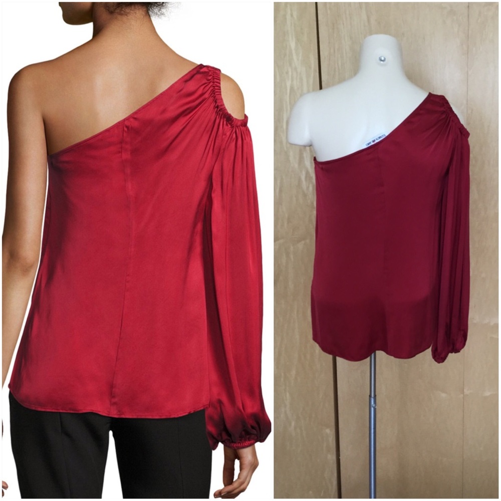 Denissa Asymmetric-Neck One-Sleeve Satin Blouse - Picture 5 of 8